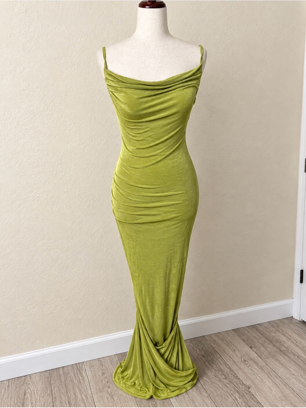 Luxe Cowl Neck Spaghetti Strap Maxi Dress in Lime Green